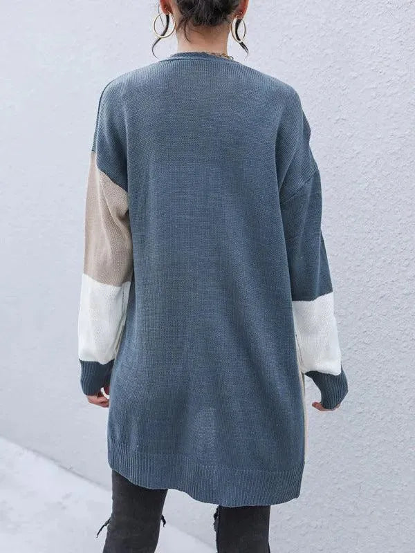 Women's Longline Colorblock V-Neck Cardigan Sweater