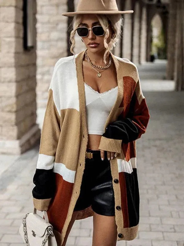 Women's Multicolor Longline Crew Neck Cardigan Sweater