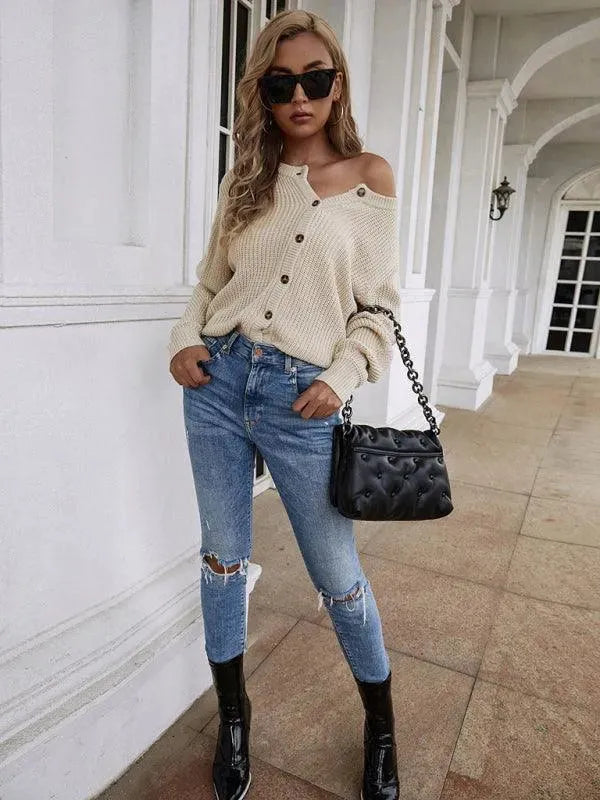 Women's Open Knit Crew Neck Button Cardigan Sweater