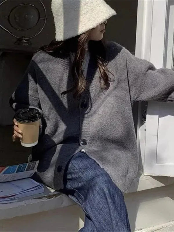 Women's Oversized V-Neck Button Cardigan Sweater