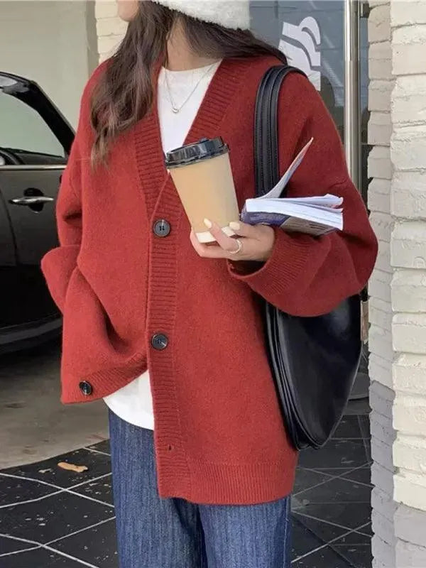 Women's Oversized V-Neck Button Cardigan Sweater