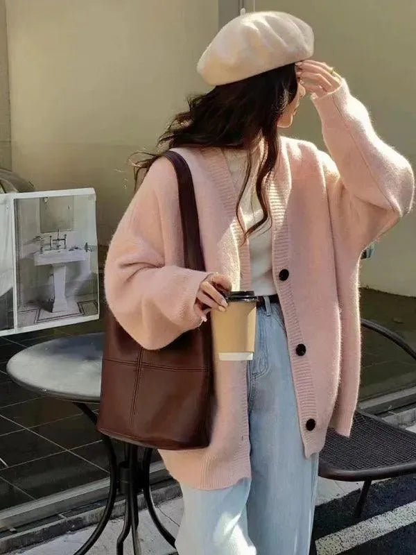 Women's Oversized V-Neck Button Cardigan Sweater