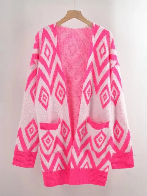 Women's Retro Diamond Longline Cardigan Sweater