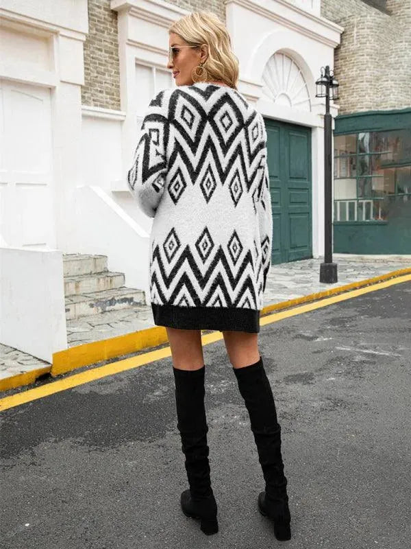 Women's Retro Diamond Longline Cardigan Sweater