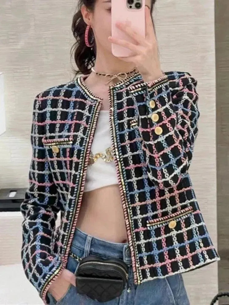 Women’s Slim Plaid Tweed Jacket Style fashion image