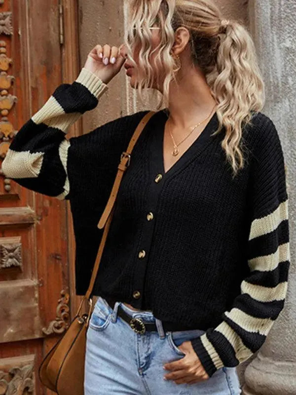 Women’s Striped Knit Cardigan Sweater – V-Neck Button