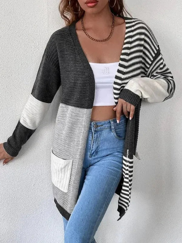 Women’s Striped Longline Cardigan Sweater – Colorblock Knit