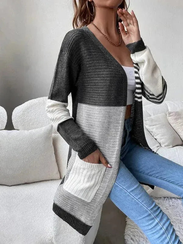 Women’s Striped Longline Cardigan Sweater – Colorblock Knit