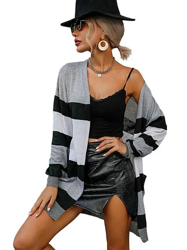 Women’s Striped Longline Cardigan Sweater – V-Neck Button Fall/Winter