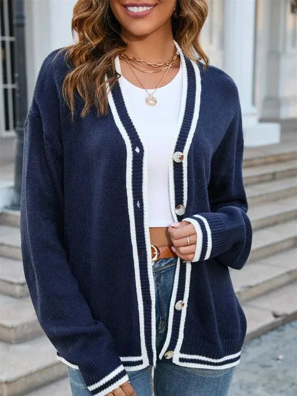 Women’s Striped V-Neck Cardigan Sweater – Button Front