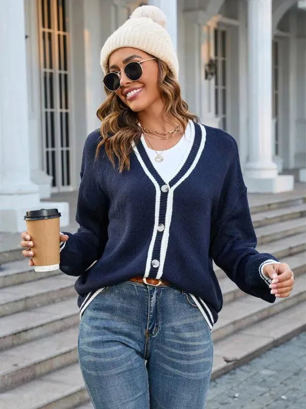 Women’s Striped V-Neck Cardigan Sweater – Button Front