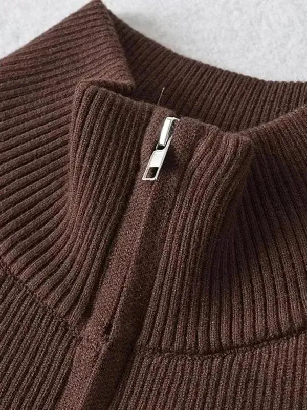 Women’s Zip Mock-Neck Cardigan Sweater – Striped Knit