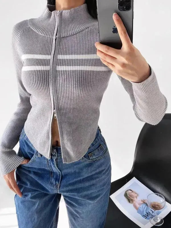 Women’s Zip Mock-Neck Cardigan Sweater – Striped Knit