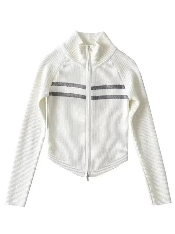 Women’s Zip Mock-Neck Cardigan Sweater – Striped Knit