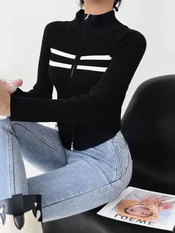 Women’s Zip Mock-Neck Cardigan Sweater – Striped Knit