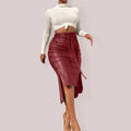 Belted Leather Pencil Midi Skirt with Slit - Leather Pencil Skirt - LeStyleParfait