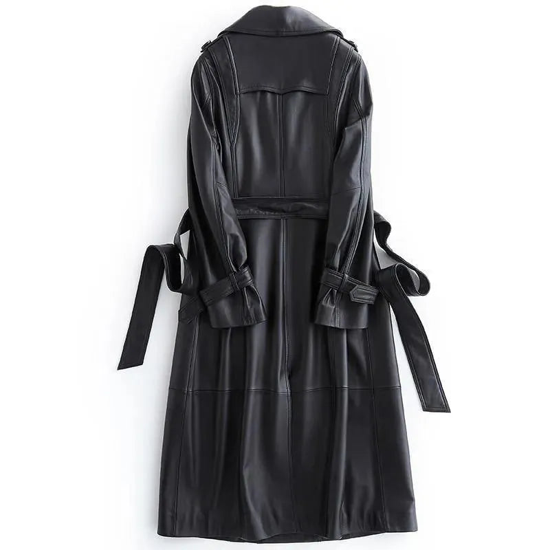 Black Lapel Leather Trench Coat for Women - Trench Coat - LeStyleParfait