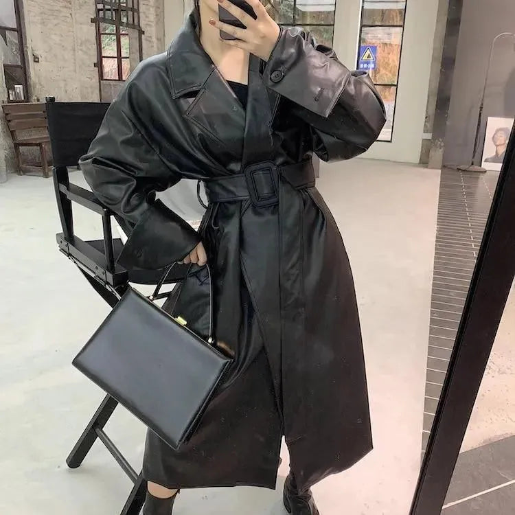 Black Oversized Leather Trench Coat for Women - Trench Coat - LeStyleParfait