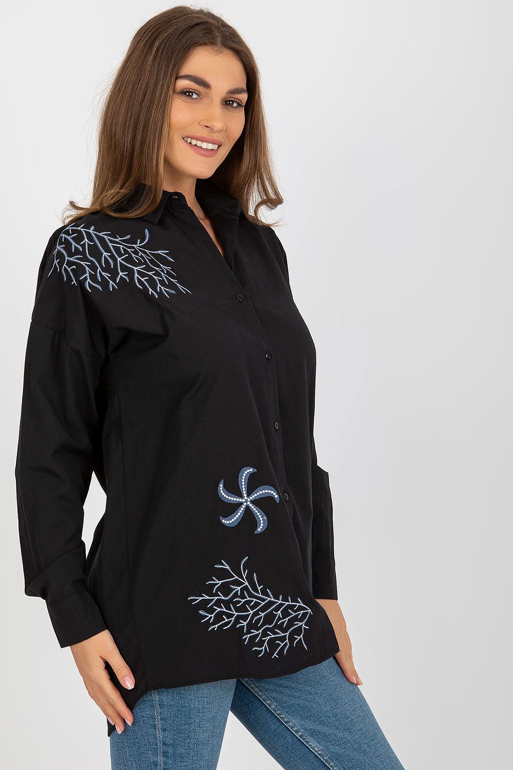 Blue Embroidered Loose Women's Shirt-Women's Shirts-LeStyleParfait