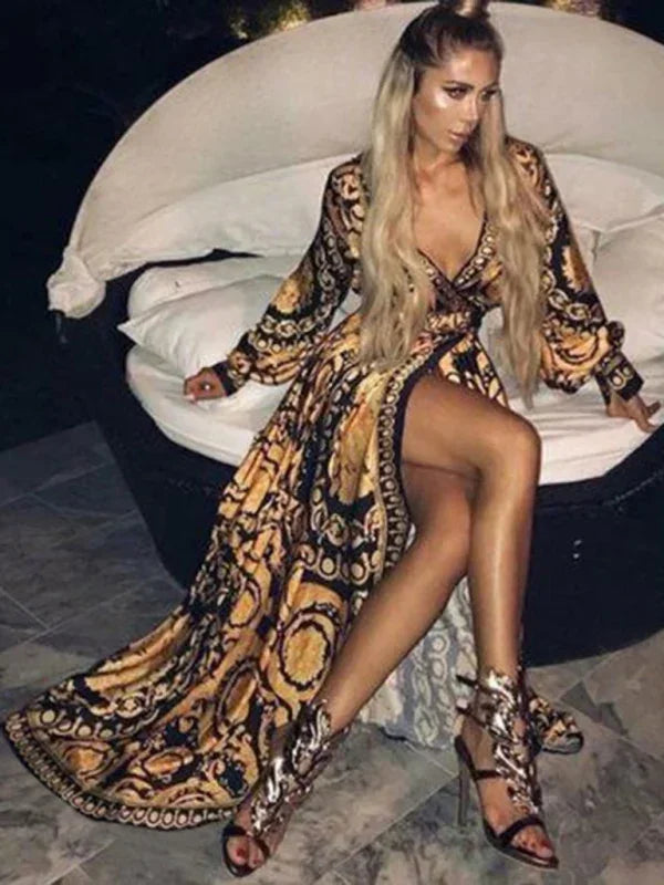 Boho Multicolor Chiffon Wrap Maxi Dress