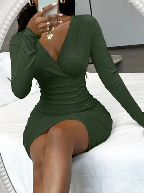 bodycon,bodycon dress,jersey,jersey dress,ladies Wrinkle resistant,long sleeve,long sleeve dress,mini,mini hemline dress,party,party dress,Quick drying mini dress,ruched,sheath,slip-on,slip-on dress,solid,solid dress,straight,straight dress,summer,summer dress,V-neck,v-neckline dress-LeStyleParfait