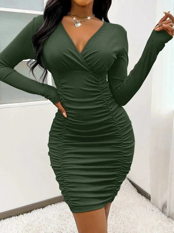 bodycon,bodycon dress,jersey,jersey dress,ladies Wrinkle resistant,long sleeve,long sleeve dress,mini,mini hemline dress,party,party dress,Quick drying mini dress,ruched,sheath,slip-on,slip-on dress,solid,solid dress,straight,straight dress,summer,summer dress,V-neck,v-neckline dress-LeStyleParfait
