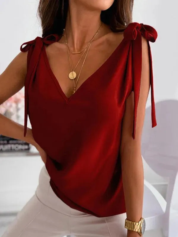 Bow V-neck Knit Women Tank Top - Women Tops & Blouses | LeStyleParfait-Women Tops