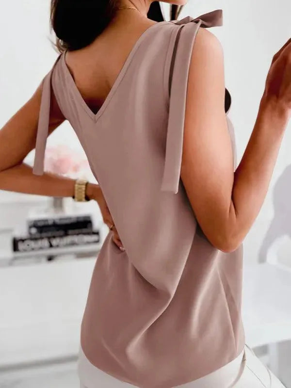 Bow V-neck Knit Women Tank Top - Women Tops & Blouses | LeStyleParfait-Women Tops