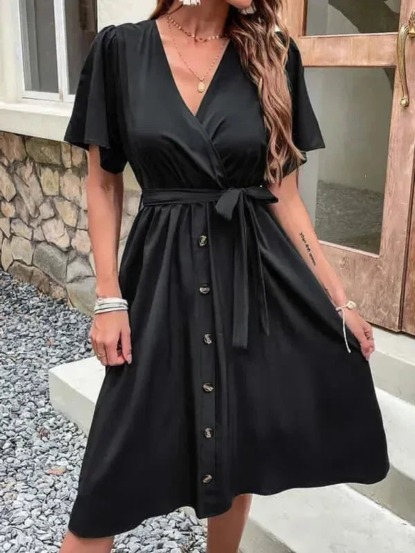 A-line,A-line dress,button-down,button-down dress,buttons,casual,casual dress,cotton,cotton dress,dress dress,ladies Wrinkle resistant,midi,midi hem dress,Quick drying midi dress,regular,regular dress,short sleeve,short sleeve dress,solid,solid dress,straight,summer,summer dress,V-neck,V-neck dress-LeStyleParfait