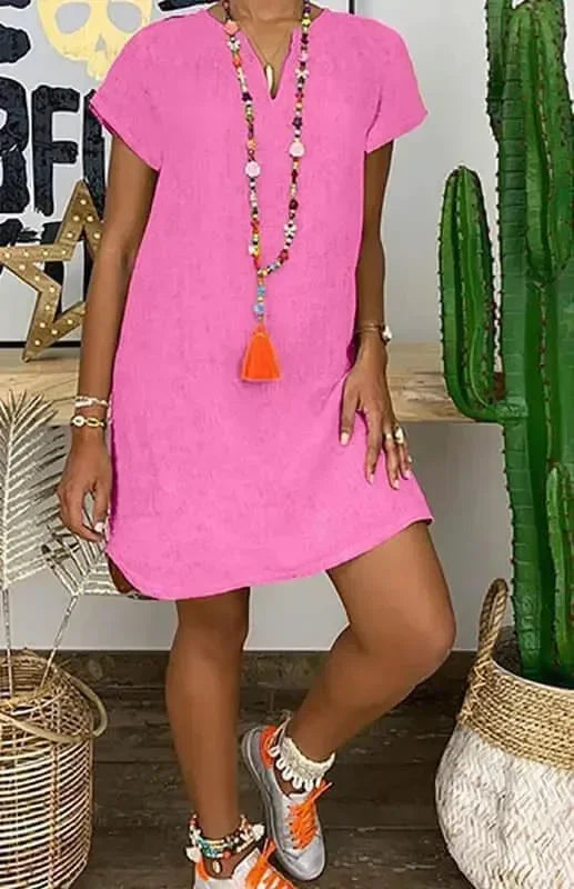 A-line,a-line dress,above-the-knee dress,casual,casual dress,ladies Wrinkle resistant,linen,linen dress,mini,Quick drying mini dress,relaxed,relaxed dress,shift,short sleeve,short sleeve dress,slip-on,slip-on dress,solid,solid dress,straight,straight dress,summer,summer dress,V-neck,v-neck dress-LeStyleParfait