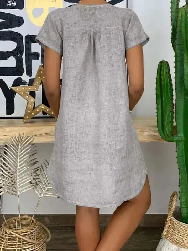 A-line,a-line dress,above-the-knee dress,casual,casual dress,ladies Wrinkle resistant,linen,linen dress,mini,Quick drying mini dress,relaxed,relaxed dress,shift,short sleeve,short sleeve dress,slip-on,slip-on dress,solid,solid dress,straight,straight dress,summer,summer dress,V-neck,v-neck dress-LeStyleParfait