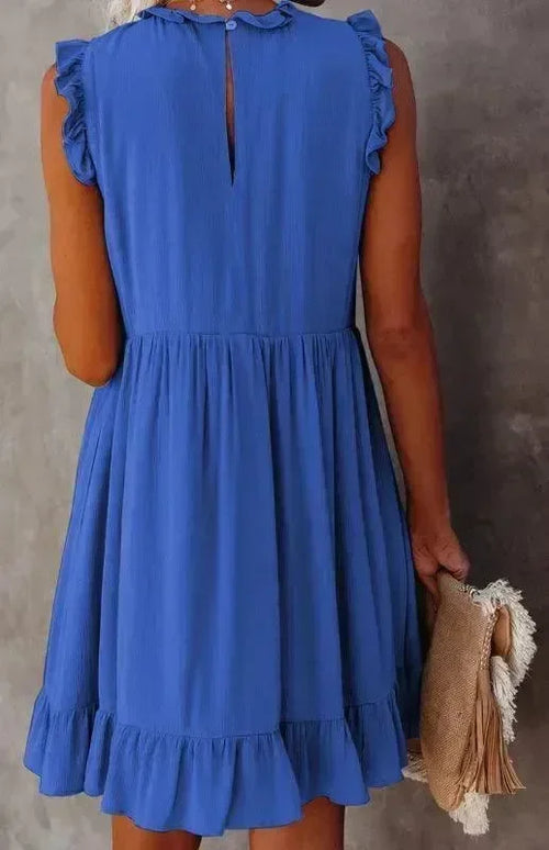 Casual Blue Halter Cotton Mini Dress