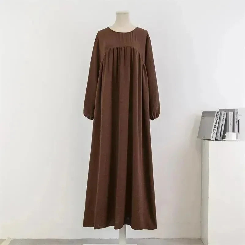 A-line,A-line dress,casual,casual dress,cotton,cotton dress,empire,ladies Wrinkle resistant,long sleeve,long sleeves dress,loose,loose fit dress,maxi,maxi dress,maxi hem dress,Quick drying maxi dress,round,round neckline dress,slip-on,slip-on dress,solid,solid dress,spring,spring dress,straight,straight dress-LeStyleParfait