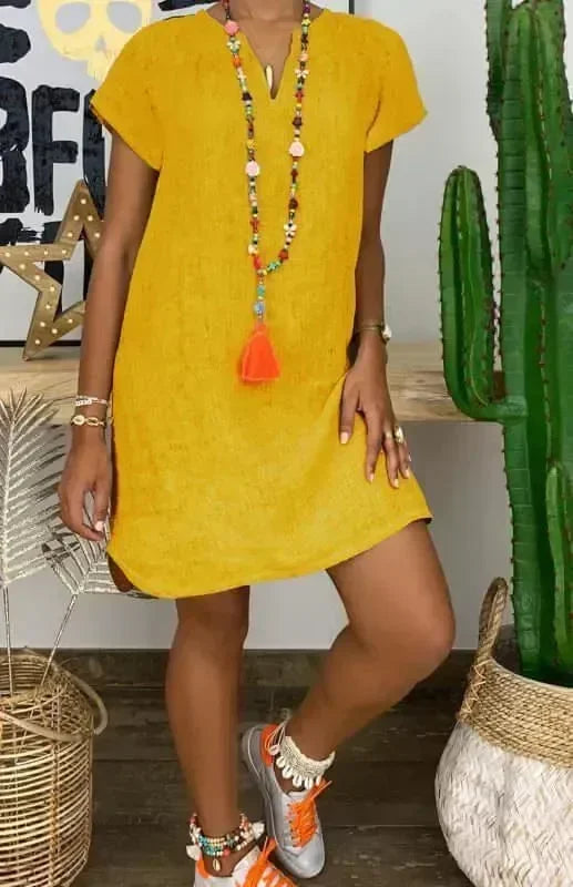 Casual Green Linen Mini Dress fashion image