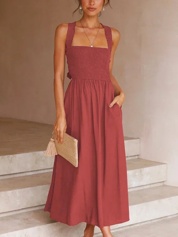 Casual Red Cotton A-Line Midi Dress