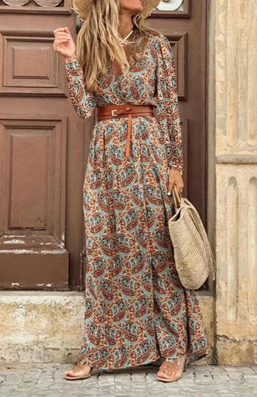 A-line,A-line dress,abstract,belt,belt closure,chiffon,chiffon dress,flowy,flowy dress,ladies wrinkle resistant,long dress,long sleeve,long sleeves dress,maxi,maxi dress,maxi hemline dress,printed dress,quick drying maxi dress,regular fit dress,straight,summer,summer dress,V-neck,V-neck dress,vacation,vacation dress,wrap closure dress-LeStyleParfait