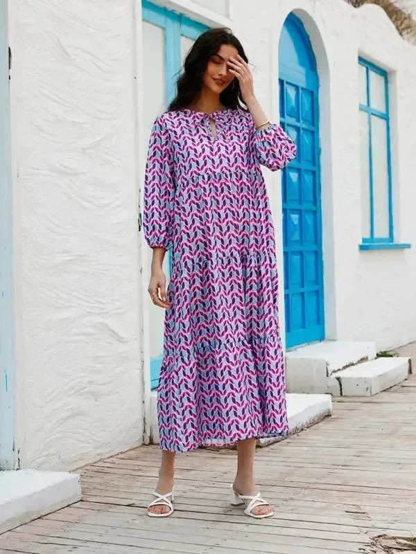 a-line dress,abstract,balloon sleeve,balloon sleeves dress,casual,casual dress,cotton,cotton dress,dress,empire,flowy,geometric dress,ladies Wrinkle resistant,maxi,maxi dress,Quick drying maxi dress,slip-on,slip-on dress,straight,straight hem dress,summer,summer dress,tiered,tiered dress,true-to-size dress,V-neck,v-neck dress-LeStyleParfait