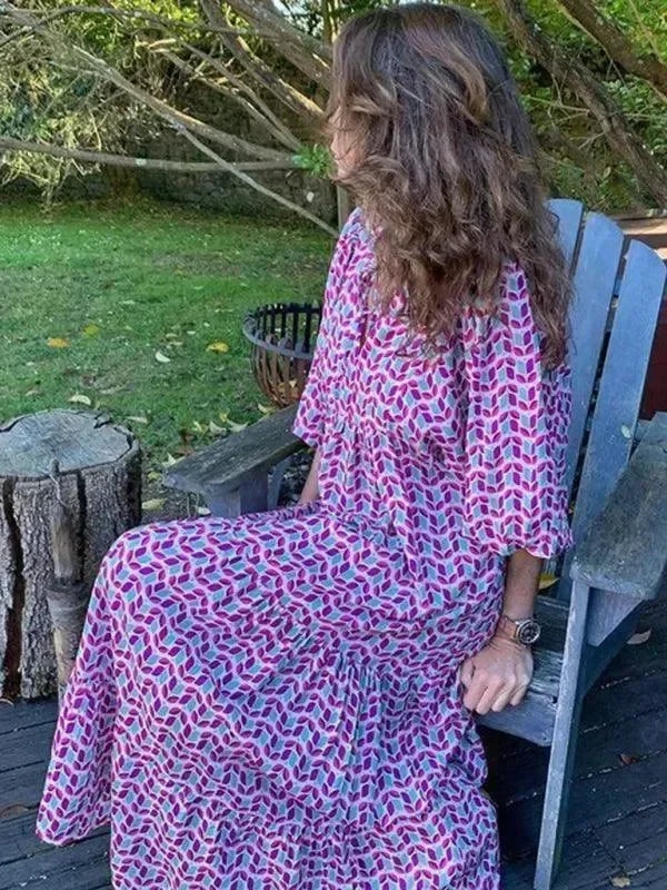 Chic Geometric Cotton Tiered Maxi Dress