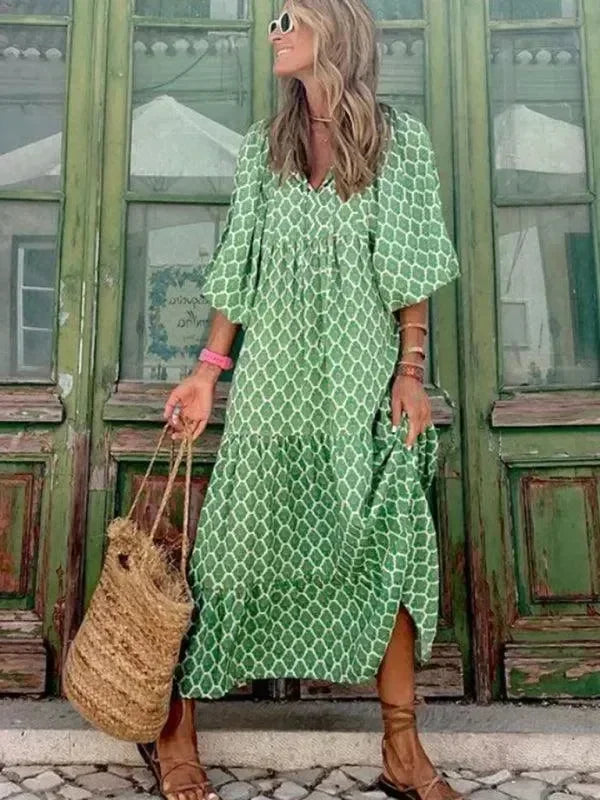 Chic Geometric Cotton Tiered Maxi Dress