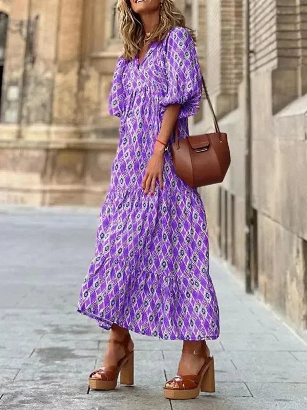 Chic Geometric Cotton Tiered Maxi Dress