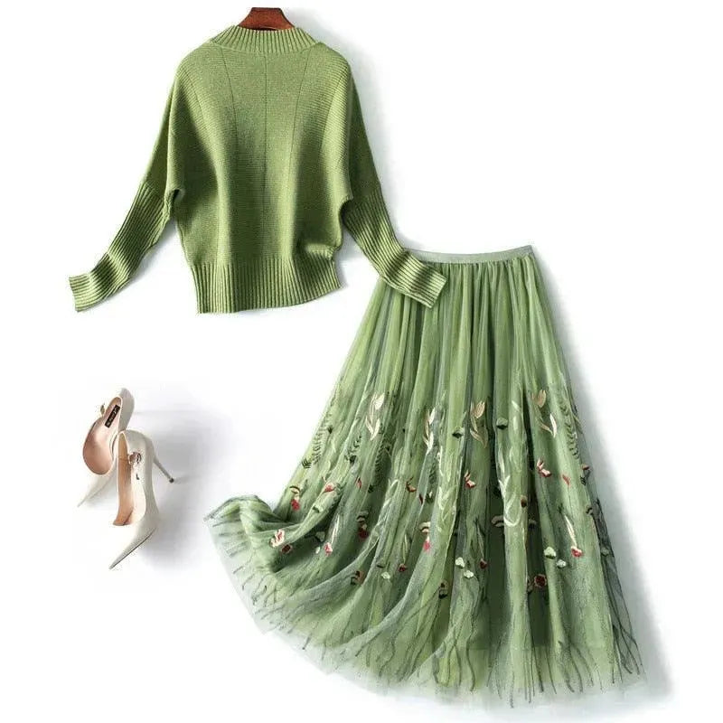 Chic Green Floral Two-Piece Skirt Set - Floral Skirt Set - LeStyleParfait