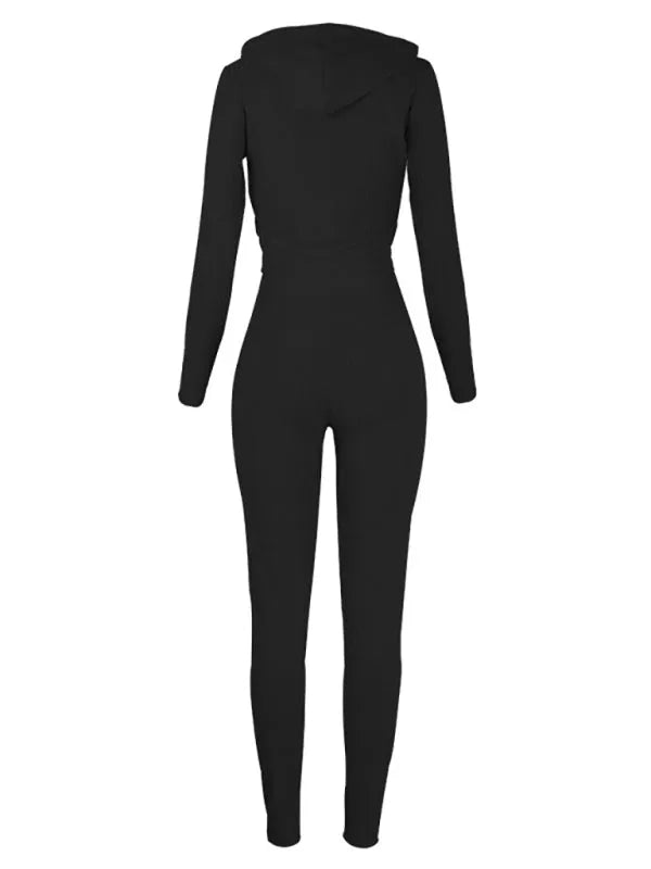 Chic Women Casual Knit Two-Piece Jogger Set Hooded Zipper Long Sleeve Slim Fit Cotton Blend Fall | LeStyleParfait