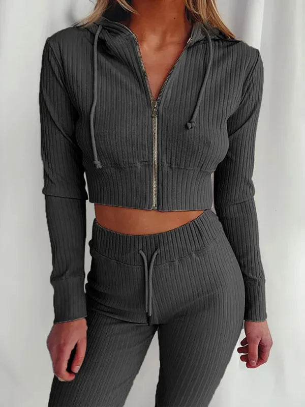 Chic Women Casual Knit Two-Piece Jogger Set Hooded Zipper Long Sleeve Slim Fit Cotton Blend Fall | LeStyleParfait
