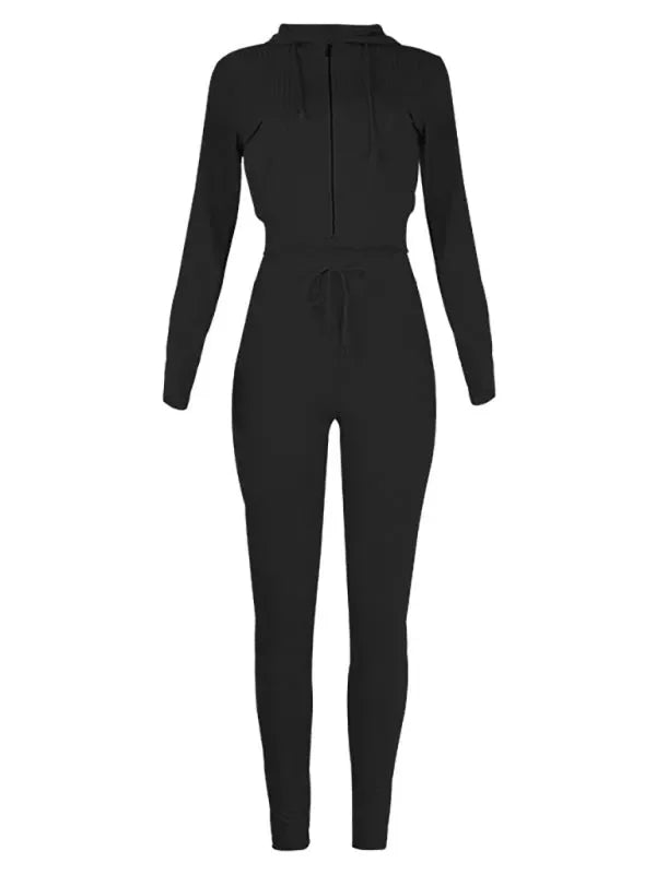 Chic Women Casual Knit Two-Piece Jogger Set Hooded Zipper Long Sleeve Slim Fit Cotton Blend Fall | LeStyleParfait