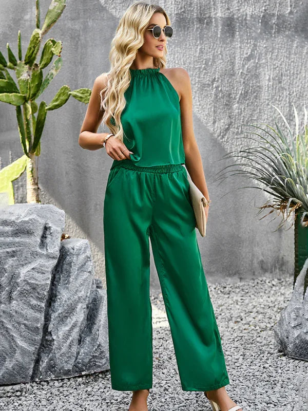 Chic Women Casual Satin Two-Piece Set - Casual Pants Set - LeStyleParfait