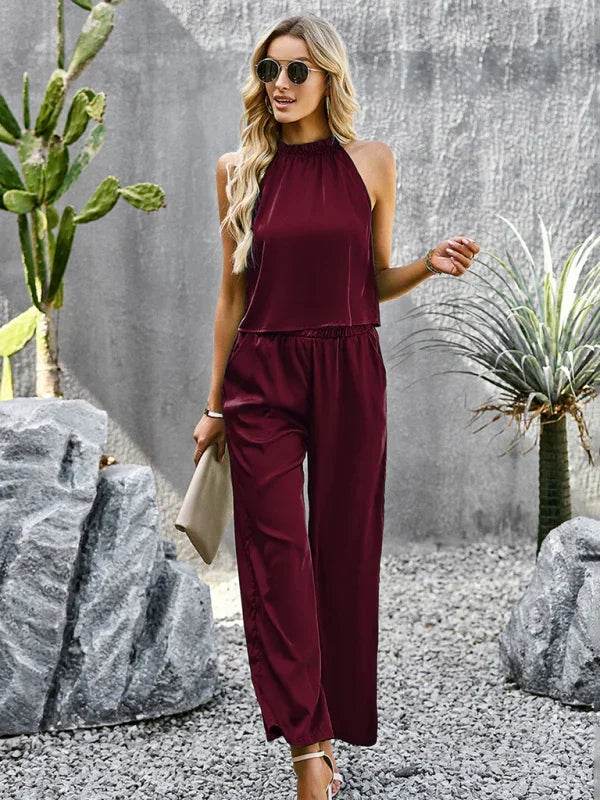 Chic Women Casual Satin Two-Piece Set - Casual Pants Set - LeStyleParfait