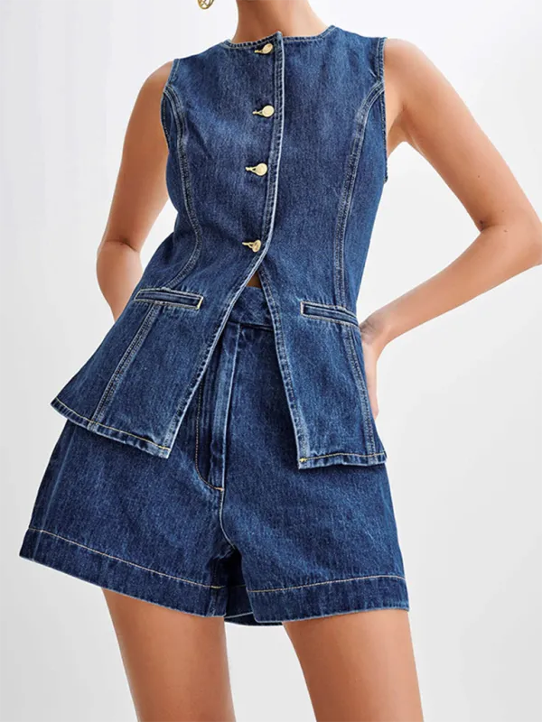 Chic Women Casual Sleeveless Denim Shorts Set - Casual Shorts Set - LeStyleParfait