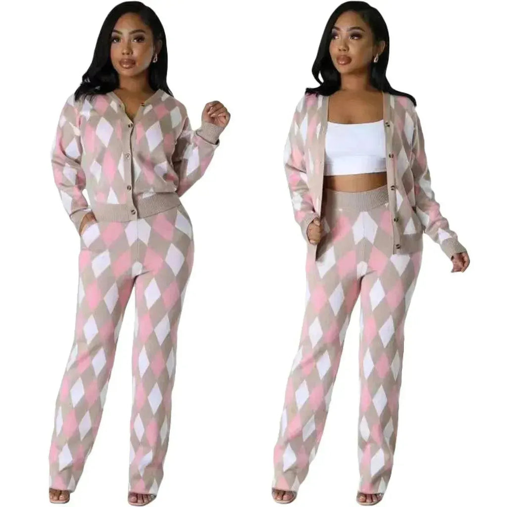 Chic Women Knit Two-Piece Geometric Pants Set - Geometric Pants Set - LeStyleParfait