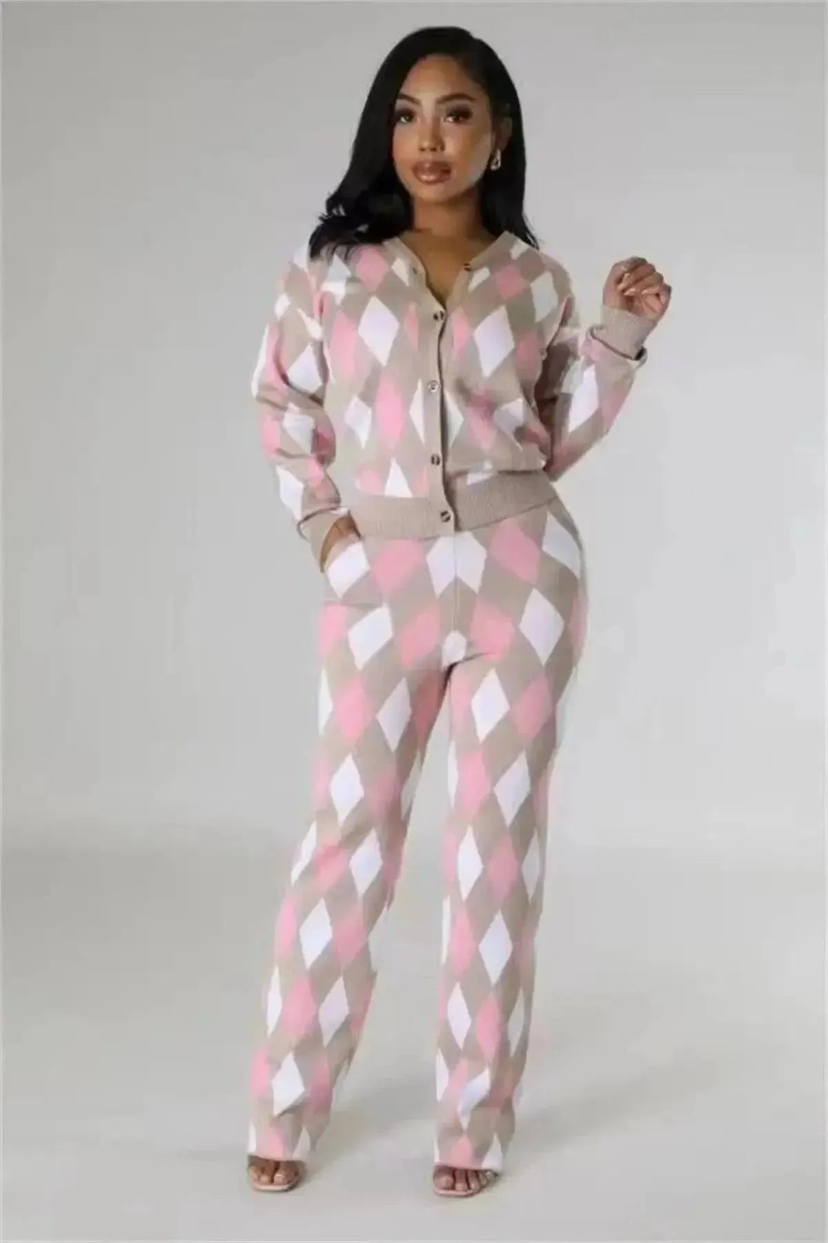 Chic Women Knit Two-Piece Geometric Pants Set - Geometric Pants Set - LeStyleParfait