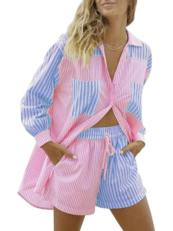 Chic Women Striped Cotton Lounge Shorts Set - Striped Shorts Set - LeStyleParfait